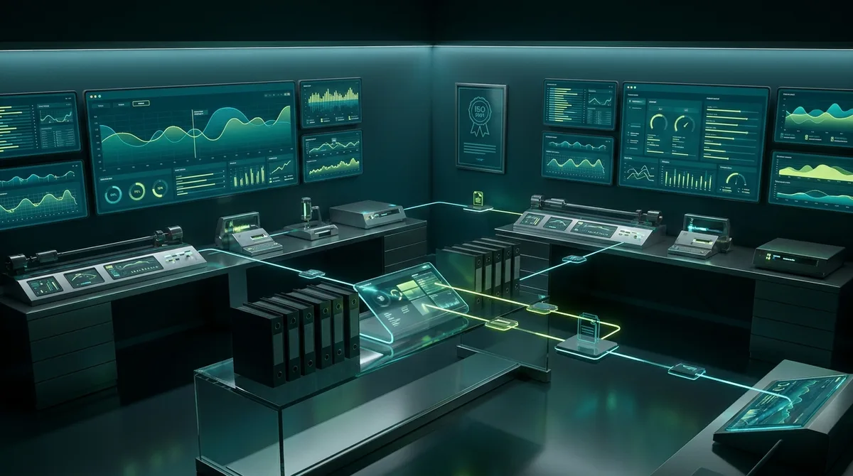 Quality audit control room with dashboard screens and calibrating gauge instruments