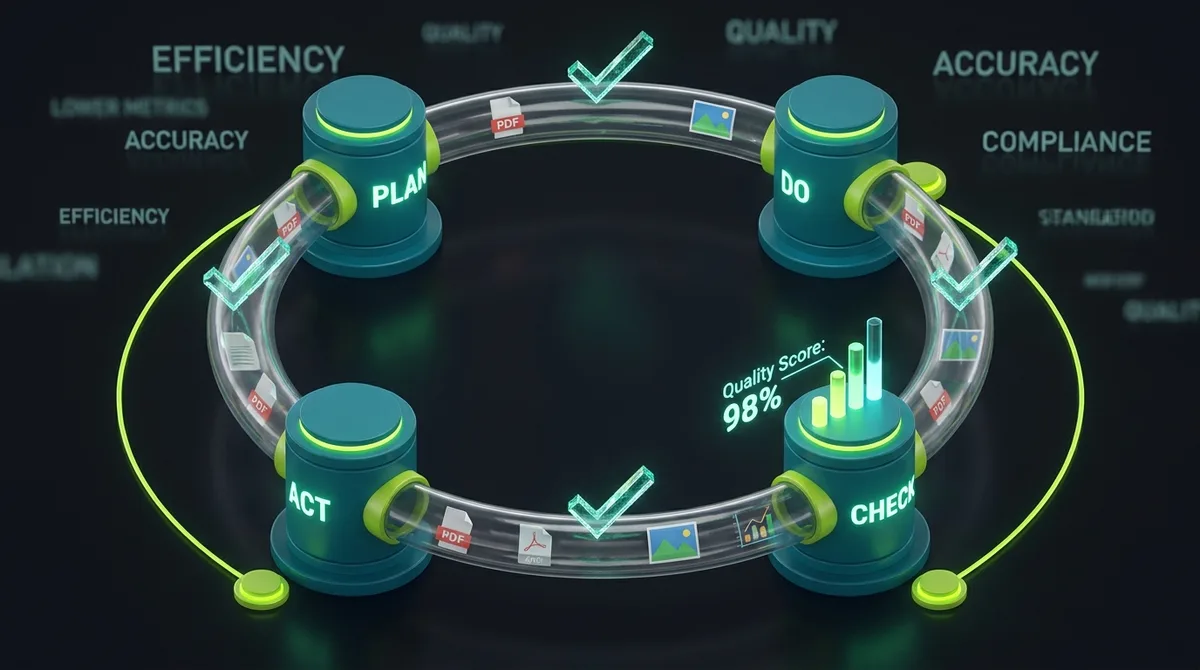 Circular Plan-Do-Check-Act loop with evidence flowing clockwise through transparent pipes